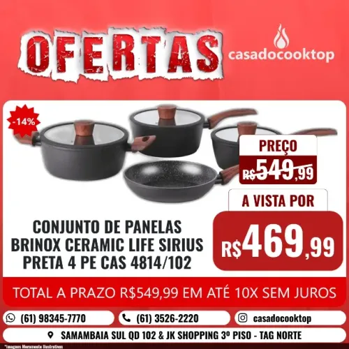 CJ DE PANELAS BRINOX CERAMIC LIFE SIRIUS PRETA 4 PECAS 4814/102