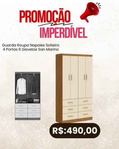 Guarda roupas Napoles solteiro 4 portas 6 gavetas / 2 cores / pague na entrega