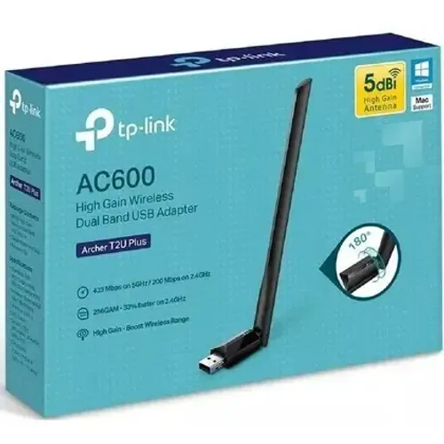 Adaptador USB Wifi TP-Link Archer T2U PLUS AC600 Wireless Dual Band 2,4/5Ghz Antena 5DBI