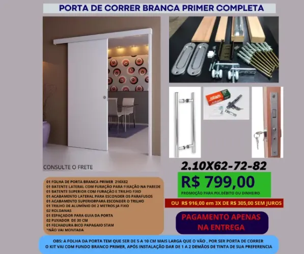 Porta de Correr branca Completa Modelo white 2.10x82 - Pagamento apenas na entrega - frete