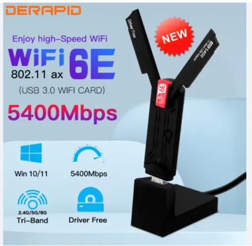 Adaptador rede sem fio wifi 6e ax5400 usb 3.0 2.4ghz/5ghz/6ghz com antena usb 3.0