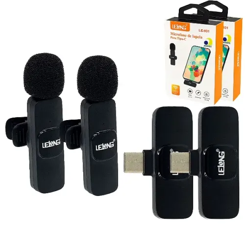 Kit Duplo Microfone Lapela Sem Fio USB-C para Android com 2 Lapelas + 2 Receptores 
