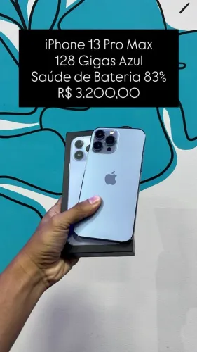 iPhone 13 Pro Max / 128GB 128GB Azul / Saúde de Bateria: 83% / Original / $3.200,00