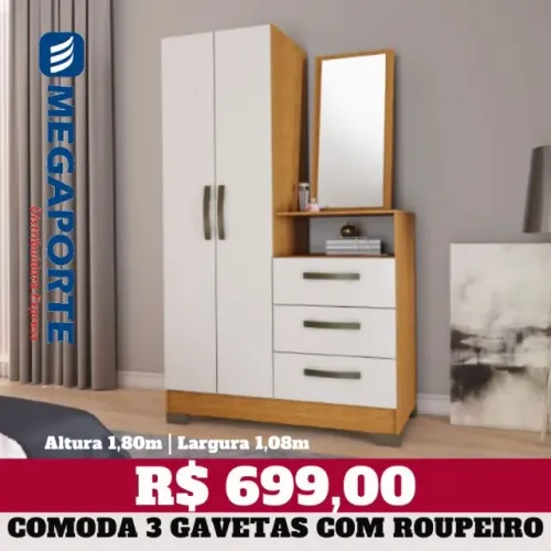 Cômoda Roupeiro 3 Gavetas 2 Portas e 1 Espelho (Novo) Entrega Grátis!