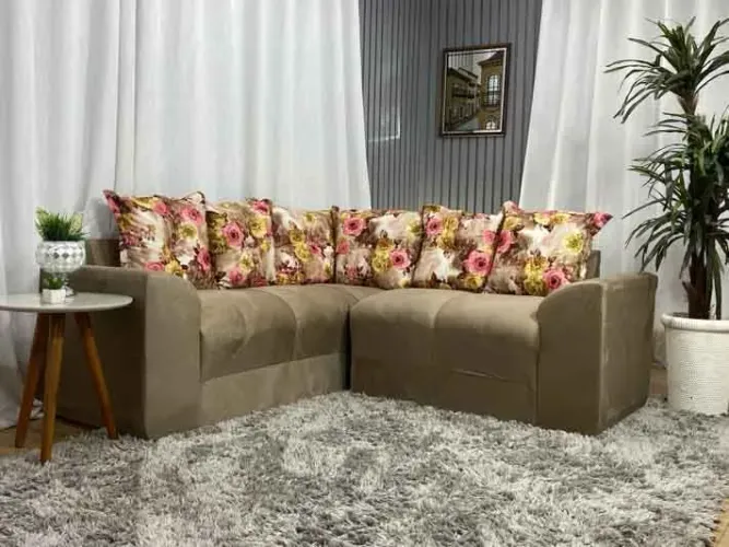 Sofá de Canto 5 Lugares Suede Bege