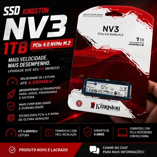 SSD Kingston NV3 1TB NVMe M.2 PCIe 4.0 - Novo e Lacrado