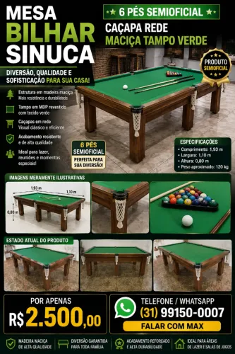 Mesa de Bilhar Sinuca 6 Pés SemiProfissional