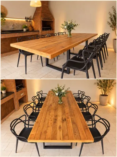 Mesa para 10 pessoas tampo em Madeira com pés em aço e cadeiras de design alto padrao