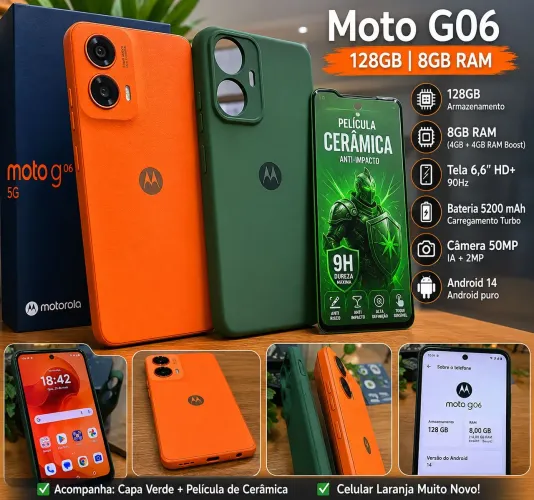 ? Moto G06 128GB 8GB RAM Boost + Capa Verde + Película Cerâmica