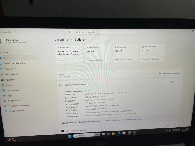 Notebook Acer Aspire 5 A515-45 - Ryzen 7 5700U, 16GB RAM, SSD 512GB