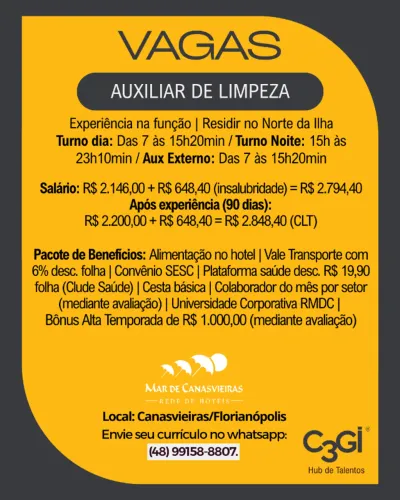 Vaga: Auxiliar de Limpeza - Bairro: Canasvieiras