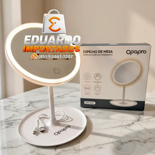 Espelho LED de Mesa com Bandeja Porta Maquiagem Luz 3 Cores Ajustável Touch USB