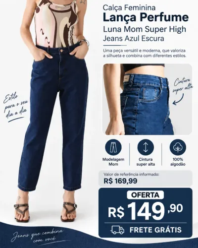 Calça Lança Perfume Luna Mom Super High Feminina Jeans Azul Escura - Nova