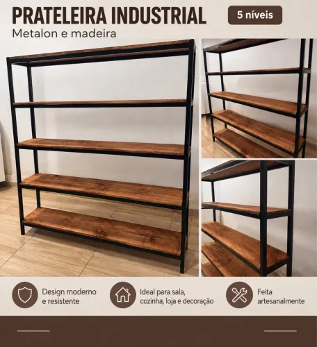 PRATELEIRA INDUSTRIAL EM METALON + MADEIRA