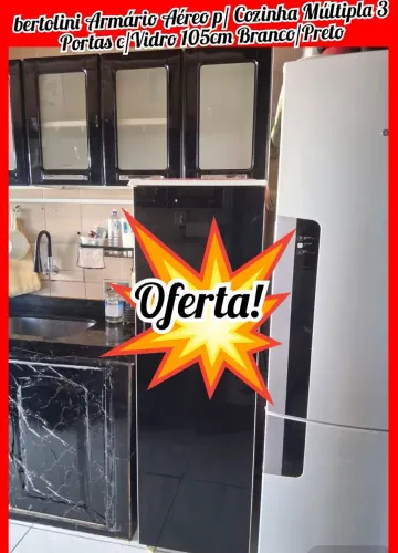 bertolini Armário Aéreo p/ Cozinha Múltipla 3 Portas c/Vidro 105cm Branco/Preto