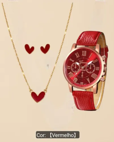 KIT RELÓGIO FEMININO VERMELHO COM COLAR E BRINCOS DE CORAÇÃO 