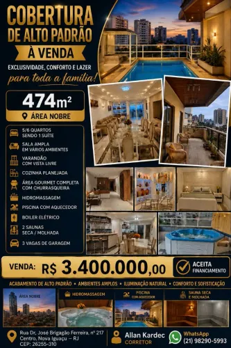 VENDO COBERTURA DE ALTO PADRÃO 474m², Bairro: Centro, Nova lguaçu/RJ.<br>