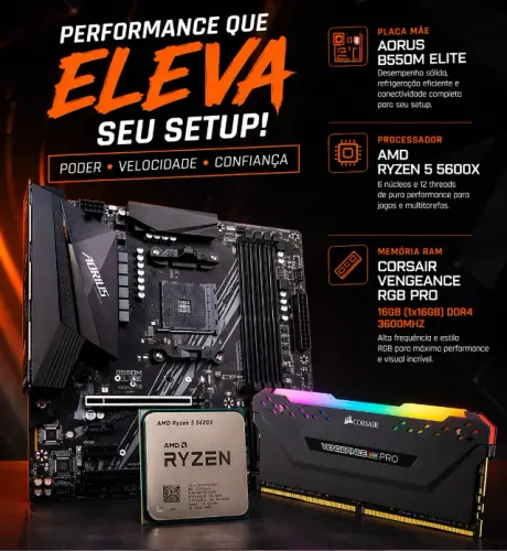 KIT RYZEN 5 5600X + B550M AORUS ELITE + 16GB 3600MHz RGB - ALTO DESEMPENHO