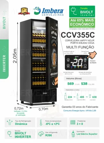 Cervejeira Porta Cega 9 cx IMBERA display touch CCV355C INV BIV 569L Happy Hour