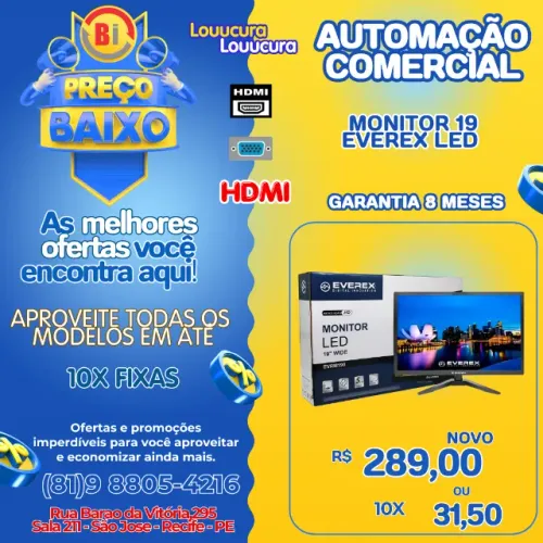 Monitor Novo Led Everex 19 Widescreen Hd Hdmi Vga - Em ate 10x Fixas 