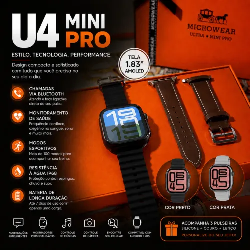 U4 PRO MINI MICROWEAR SMARTWATCH AMOLED 1,85" CHAT GPT 1GB ARMAZ. DUAS PULSEIRAS + LENÇO
