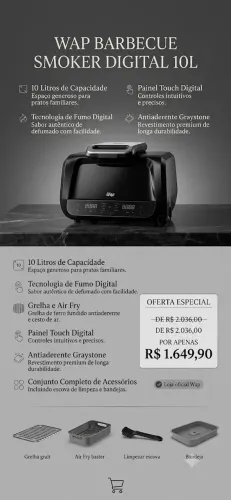 WAP Barbecue Smoker Digital 10L - Nova na Caixa (Grelha e Air Fry)
