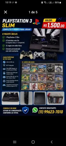 Playstation 3 Slim com 4 controles e 15 jogos