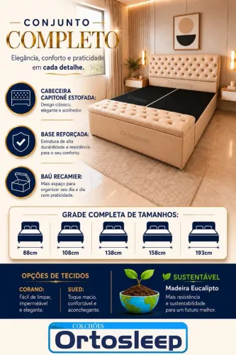 Kit com cabeceira base reforçada e recamier Queen size