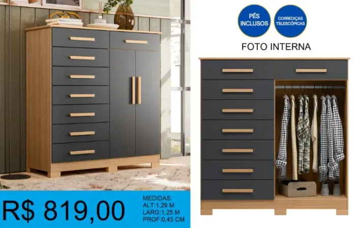 Cômoda c/ 9 gavetas e cabideiro alt:1,29m larg:1,25m - frete grátis!