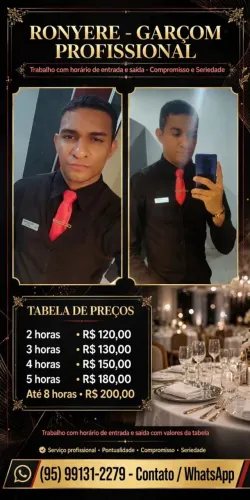 Garçom Profissional para melhor lhe atender DISPONIBILIDADE SOMENTE HORÁRIO NOTURNO!!!