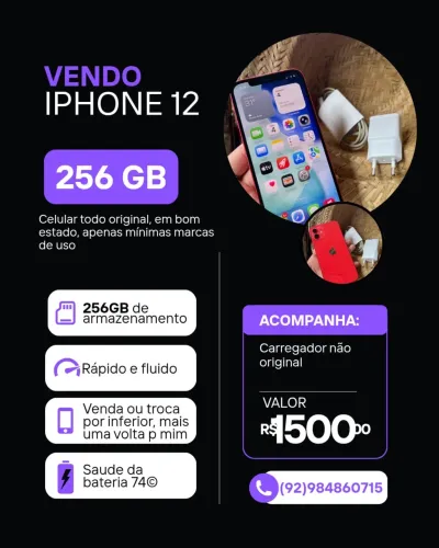 iPhone 12 256gigas !!! Todo original, negócio