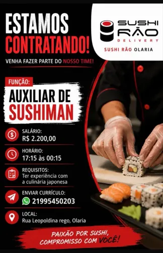 Vaga de emprego auxiliar de sushiman