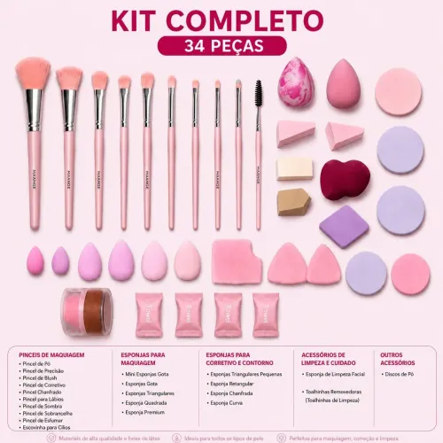 Kit Pincéis Maquiagem 34 Peças Completo Com Esponjas