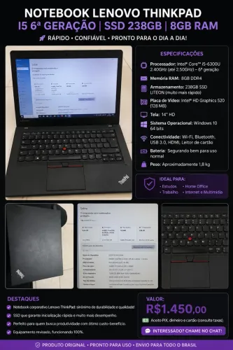 Notebook Lenovo ThinkPad i5 6ª Geração | 8GB RAM | SSD 238GB | Pronto para Uso