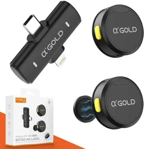 Microfone Lapela Duplo Redondo Com Ímã e Adaptador Tipo c e Lightning