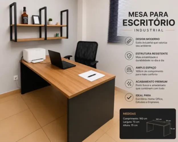 Mesa Escritório Industrial 160cm MDF Amadeirado Preto Fosco Home Office