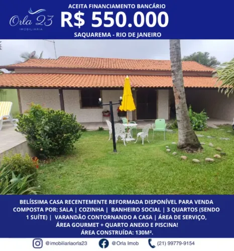 SAQUAREMA, ORLA 23 IMOBILIÁRIA! Belissíma casa com 3 quartos e piscina