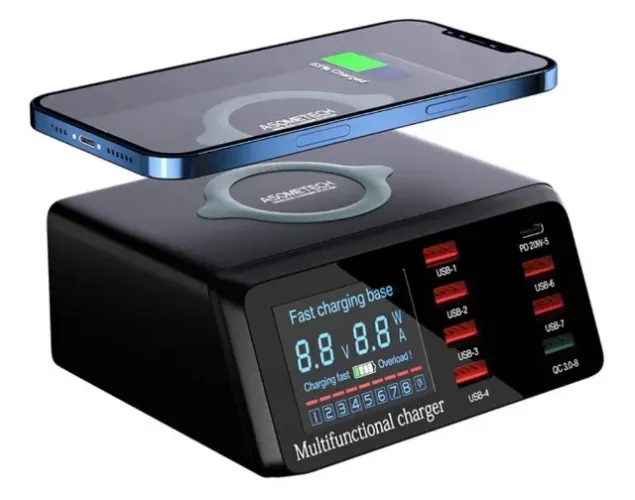 Carregador Inteligente Wireless + 8 Saidas Usb Qc3.0/type-c Asometech WXL-X9
