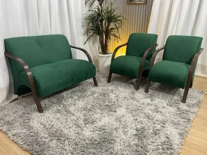 Conjunto de Poltronas 2x1x1 Verde Braço Madeira