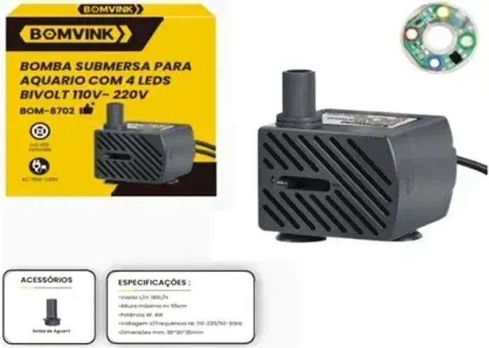 BOMBA SUBMERSA PARA AQUARIO COM 4 LED BOM-8702