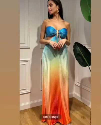 Vestido Longo Colorido Plissado Degradê