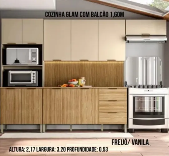 Cozinha Glam com Balcão 1,60m - Freijó/Vanila