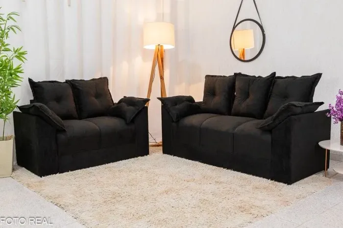 Conjunto Sofá 2 e 3 Lugares Veludinho Preto