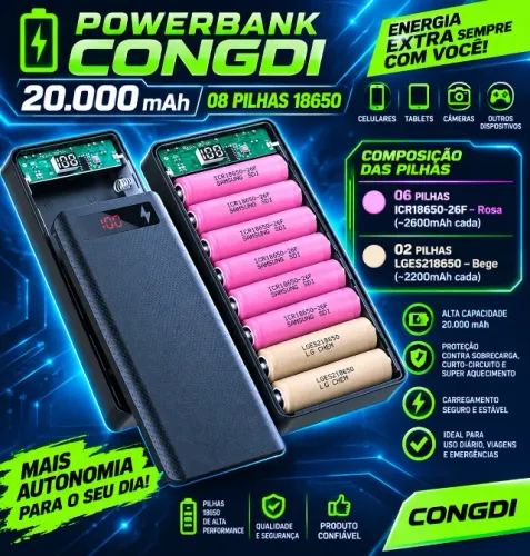 PowerBank CONGDI 20.000 mAh 08 Pilhas 18650 Originais Samsung & LG