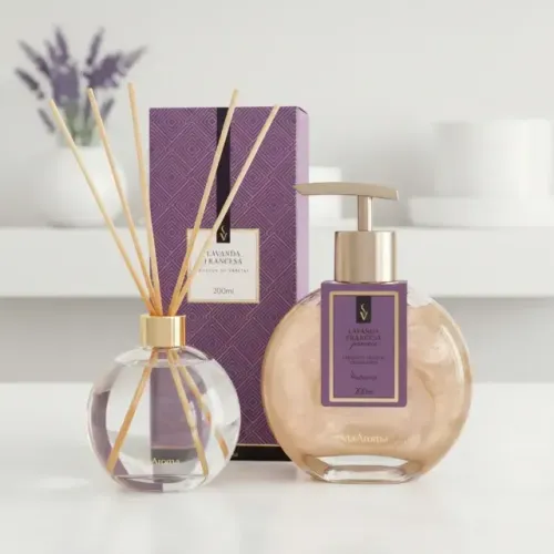 Kit Lavabo Via Aroma: Sabonete Líquido Lavanda Francesa 200ml + Difusor De Varetas Lavanda