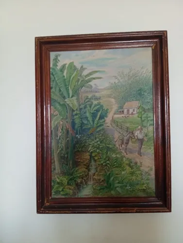 QUADRO ANTIGO ASSINADO M. SUMMER - ARTE RURAL / PAISAGEM CAMPESTRE COM MOLDURA EM MADEIRA