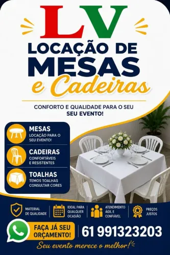 Locação de mesas e cadeiras e toalhas de mesa
