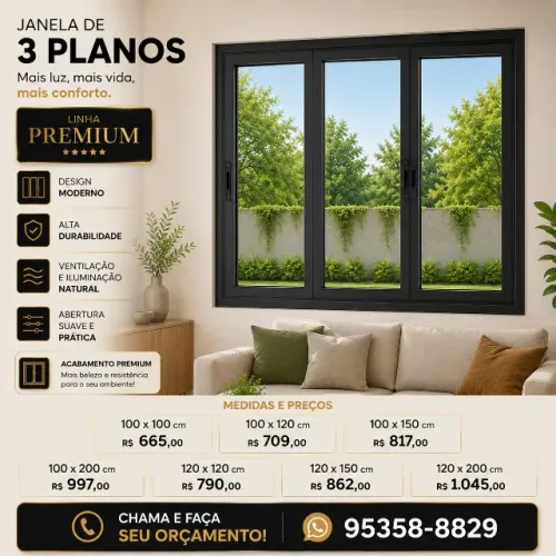 Janela 3 planos Preta Linha Premium 100x100 | Direto da Fábrica | Alta Qualidade