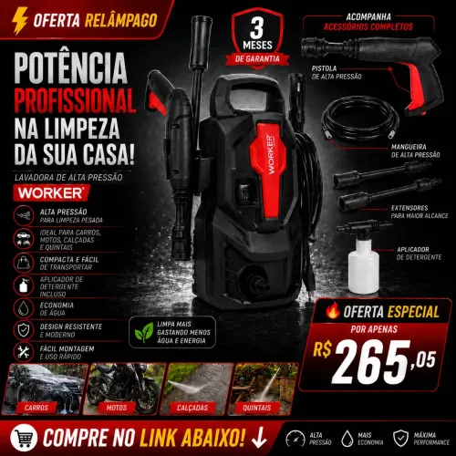 Lavadora Alta Pressão Compacta Potente Lava Carro Moto Com Aplicador Detergente LW1305...