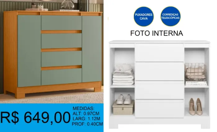 Cômoda com puxadores cava 4 gavetas e 2 portas - à pronta entrega
